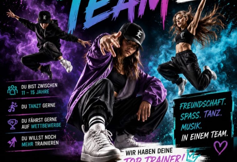 Flyer für das Competition Team Casting der Tanzschule Eichler in Graz am 18. September 2026.