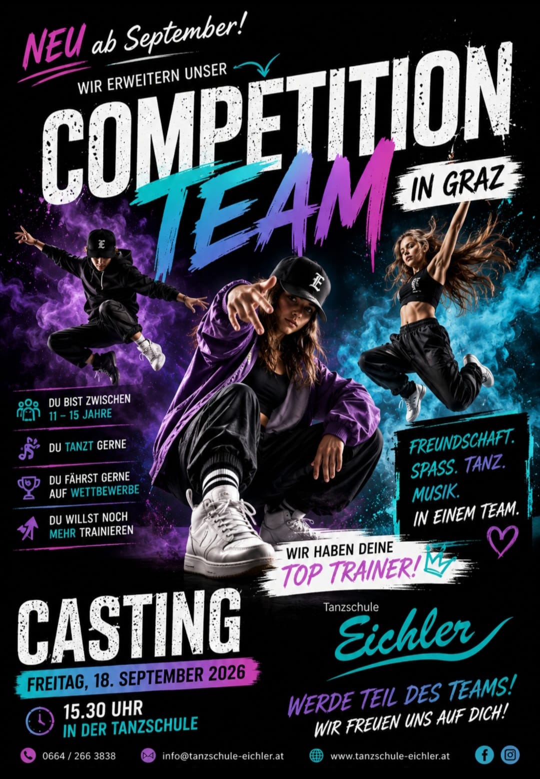Flyer für das Competition Team Casting der Tanzschule Eichler in Graz am 18. September 2026.