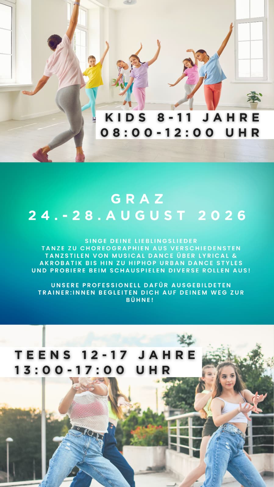 Sing Dance Act Graz vom 24. bis 28. August 2026 für Kids und Teens.