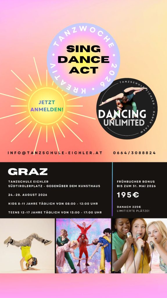 Sing Dance Act Sommerprogramm 2026 in Graz mit Kids und Teens Kurszeiten.