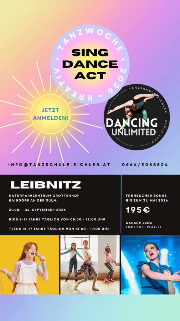 Sing Dance Act Sommerprogramm 2026 in Leibnitz mit Kids und Teens Kurszeiten.